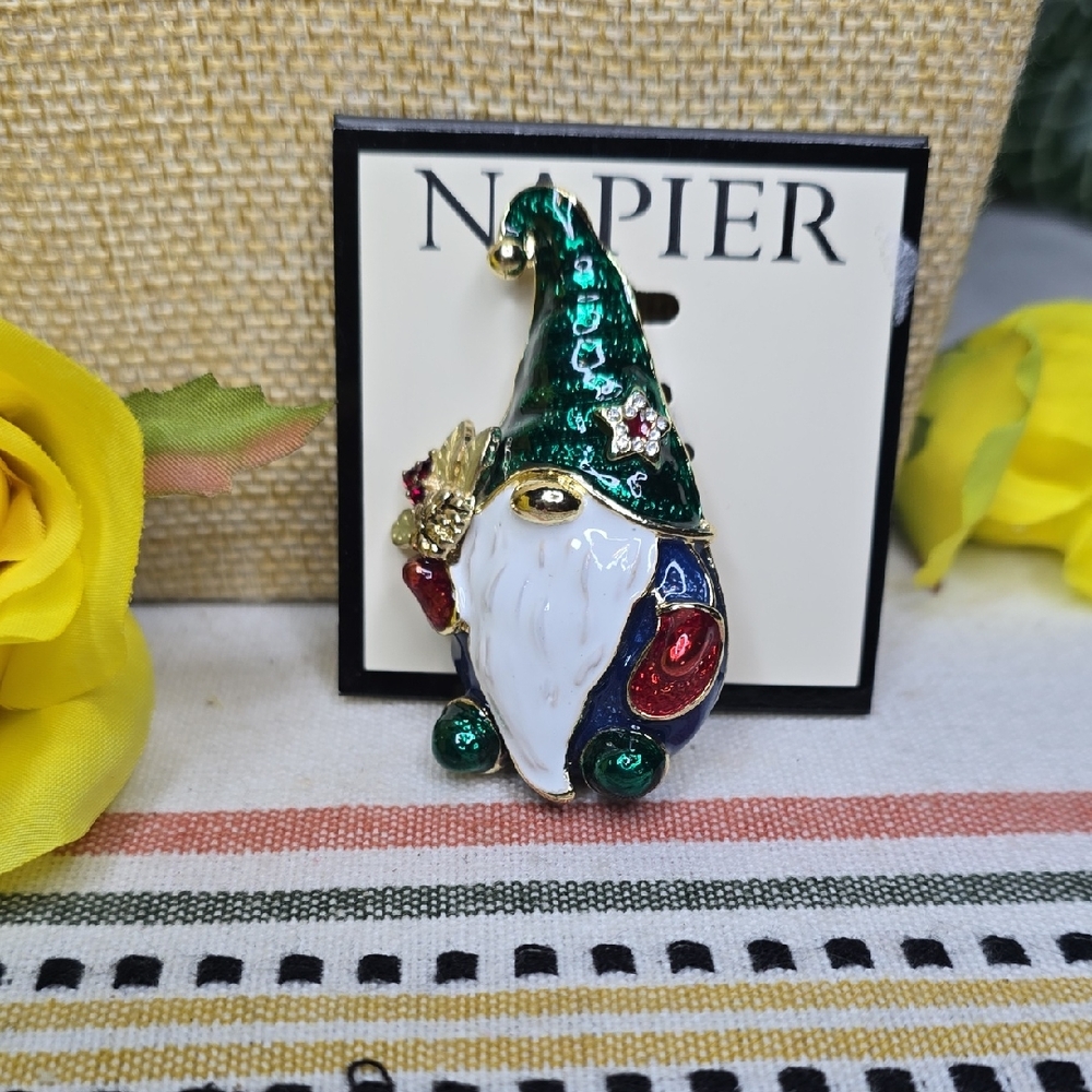 Napier Gold Tone Holiday Christmas Gnome Enamel Pin